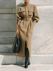 Old Money Stand Collar Lantern Sleeve Wool Mid-length Coat With Belt
