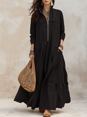 Effortless Boho Linen Zip-Front Tiered Drop-Waist Black Maxi Dress
