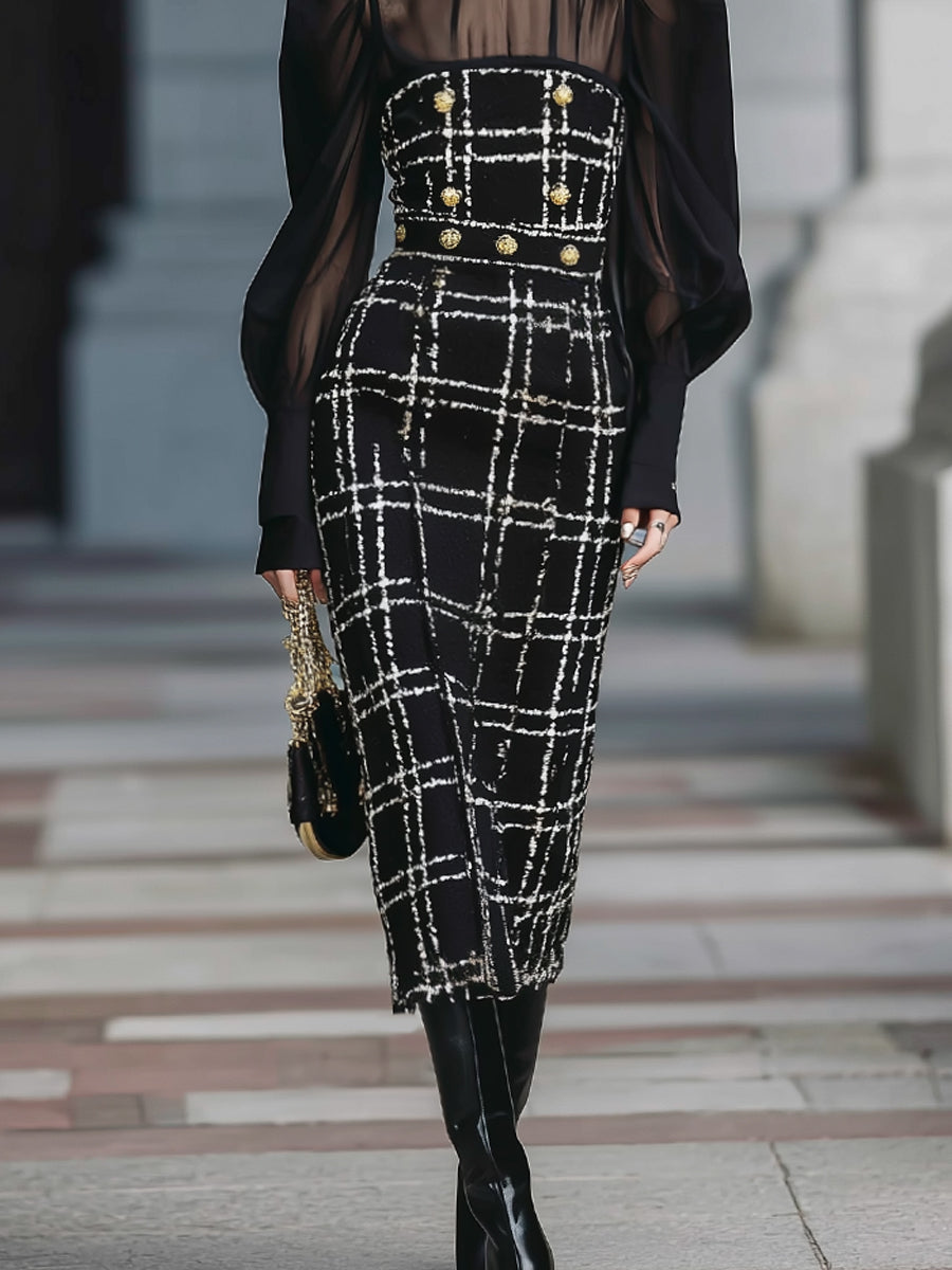 Classic Plaid Tweed Transparent Chiffon Patchwork Lantern Sleeve Midi Dress
