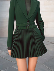 Old Money Double Belt Pleated Skirt Blazer Dress