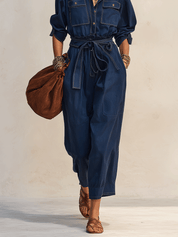 Relaxed Soft Denim Utility Set: Indigo Button-Front Shirt And Cropped Pants
