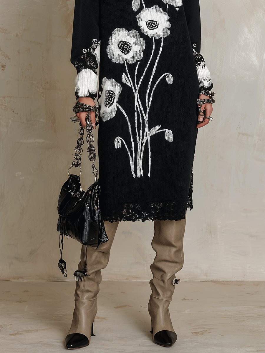 Quiet Luxury Soft Knit Oversized-Fit Black Floral Jacquard Tunic Dress