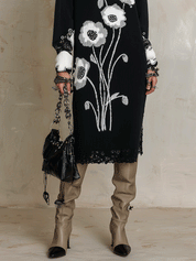 Quiet Luxury Soft Knit Oversized-Fit Black Floral Jacquard Tunic Dress