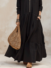 Effortless Boho Linen Zip-Front Tiered Drop-Waist Black Maxi Dress