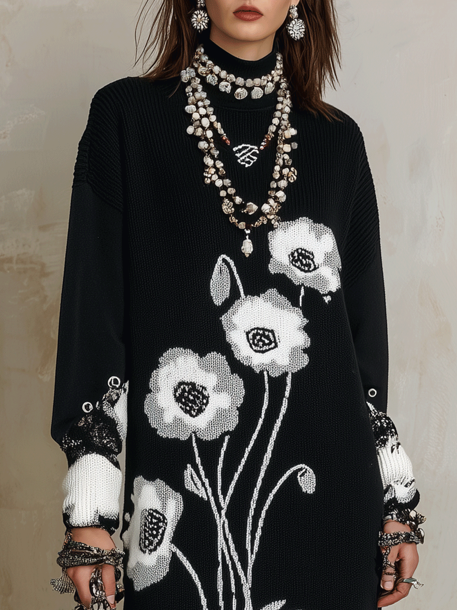 Quiet Luxury Soft Knit Oversized-Fit Black Floral Jacquard Tunic Dress
