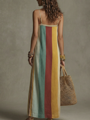 Bohemian Style Striped Color Block Spaghetti Strap Long Dress