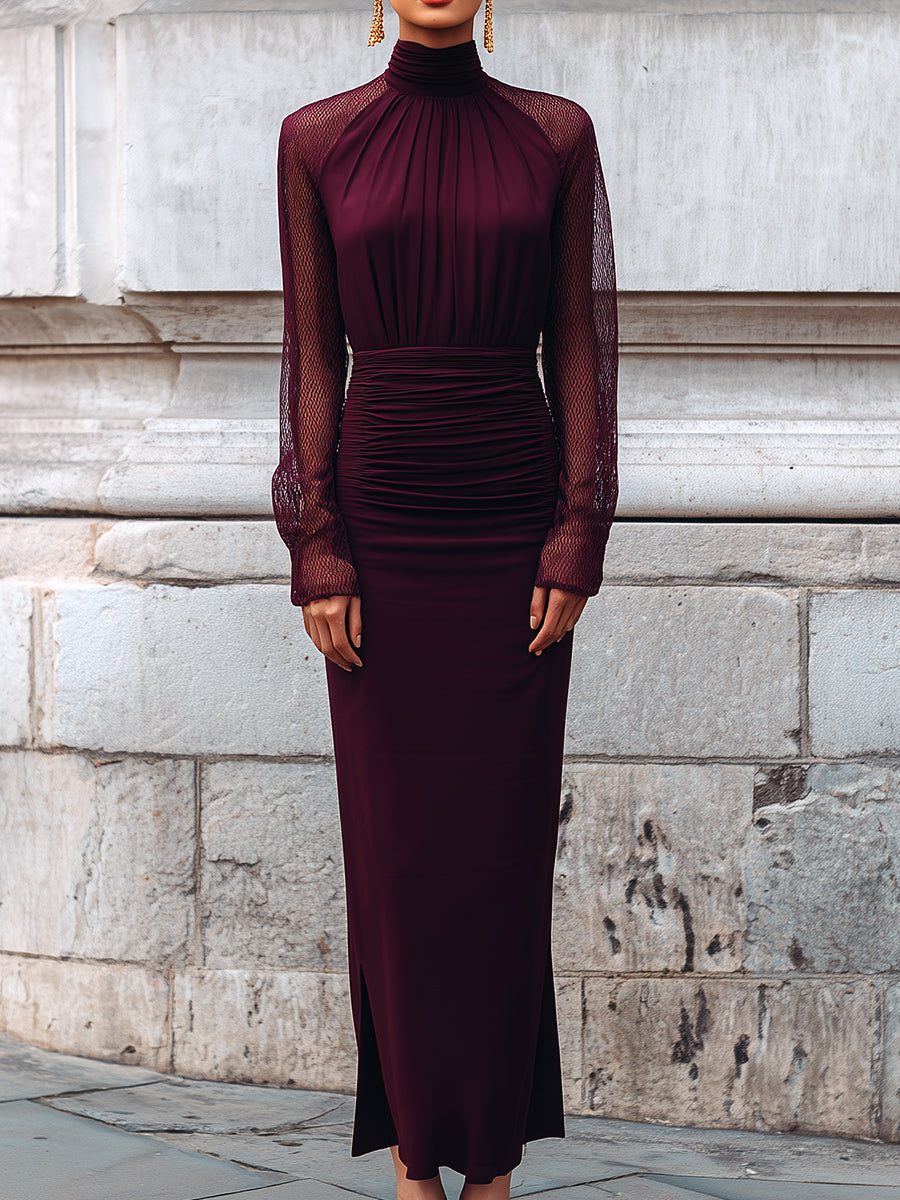 Merlot Poise Sculpted Silhouette High-neck Ruched Mesh Maxi Dress