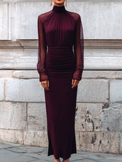 Merlot Poise Sculpted Silhouette High-neck Ruched Mesh Maxi Dress