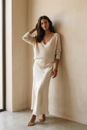 Effortless Ivory Knit & Satin Midi Ensemble