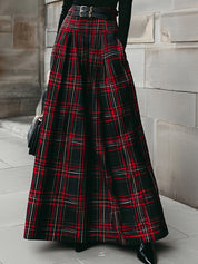 Classic Plaid Double-layer Metal Buckle Belt Decorated With Pleated A-line Long Skirt