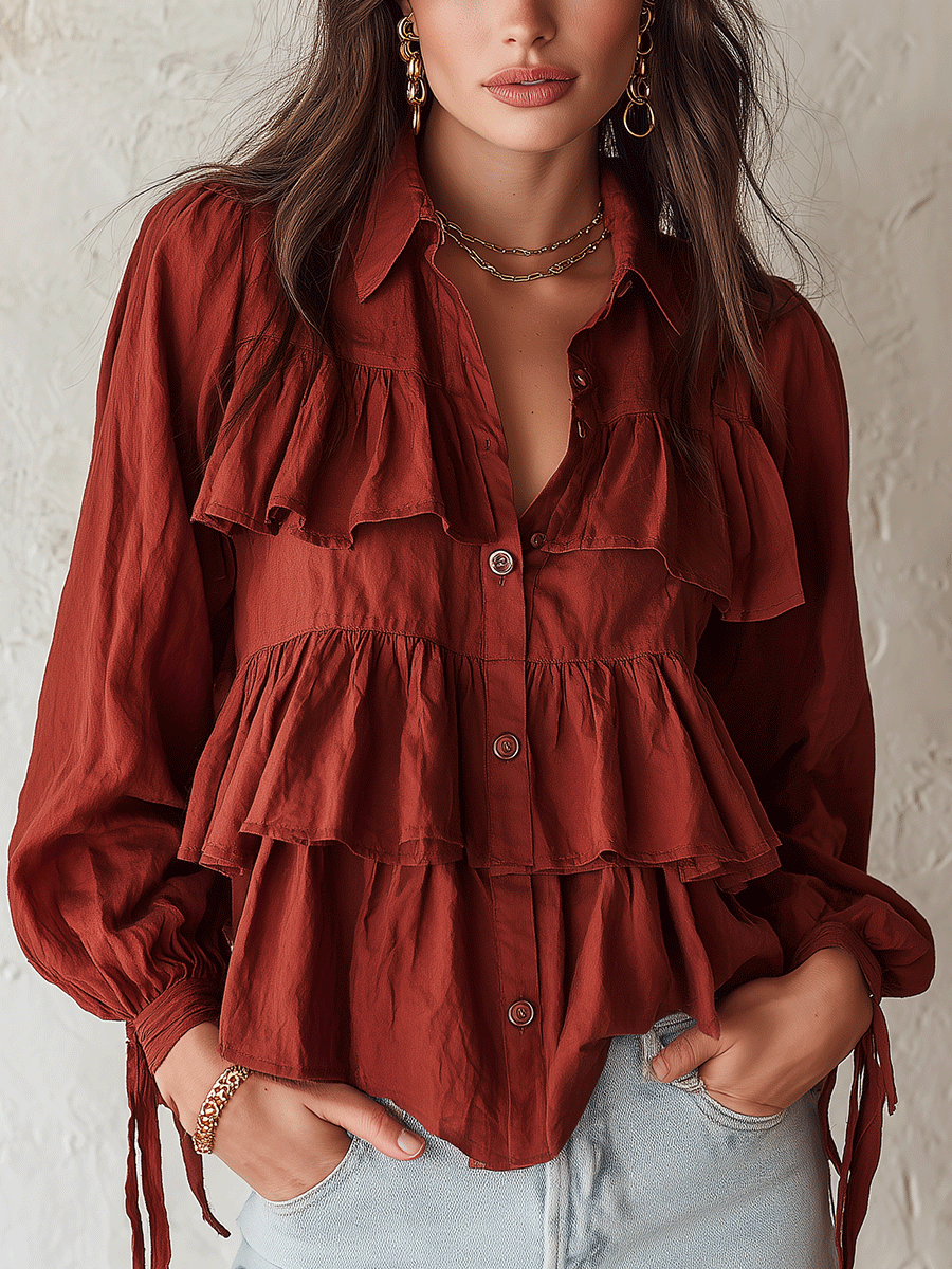 Romantic Boho Cotton Tiered-Ruffle Button-Front Rust Blouse