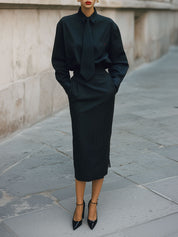 Minimalist Pinstripe Blouse With Tie & Pencil Skirt Suit
