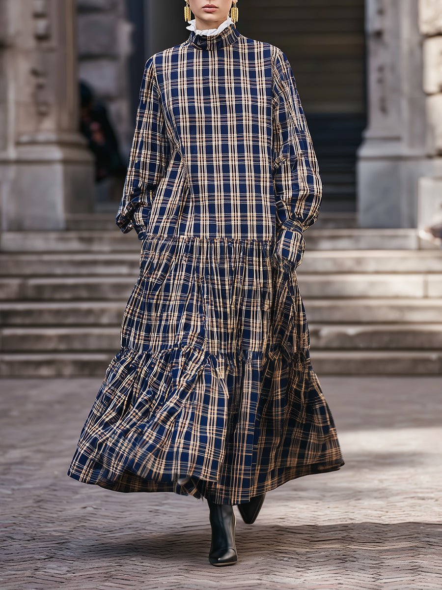 Classic Oversized Stand-up Collar Plaid Print Pleat Stitching Maxi Dress