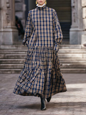 Classic Oversized Stand-up Collar Plaid Print Pleat Stitching Maxi Dress