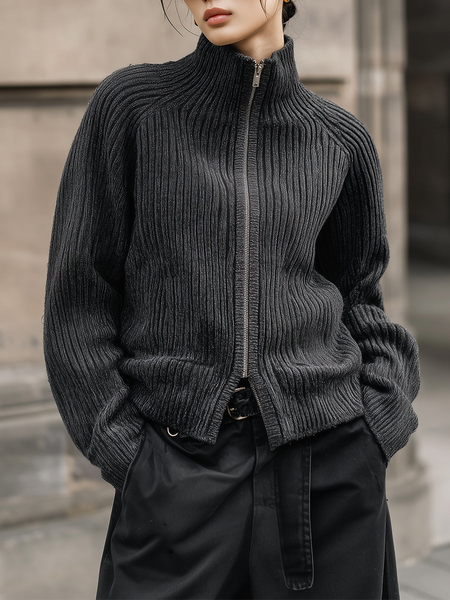90s Minimalism Revival Slim-fit Front Raglan Sleeves Zip-up Turtleneck Knitted Cardigan