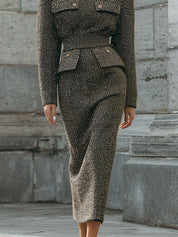 Fashionable Old Money Style Deconstructed Tweed Turtleneck Shoulder Pad Midi Dress