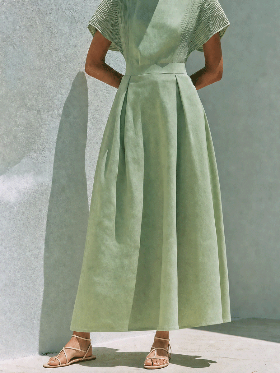 Effortless Chic Cotton-Linen Pleated Boat-Neck Sage Green Maxi Dress