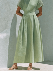 Effortless Chic Cotton-Linen Pleated Boat-Neck Sage Green Maxi Dress