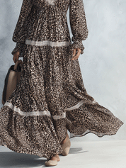 Leopard Print Lace Trim Deep V-Neck Long Sleeve Boho Maxi Dress