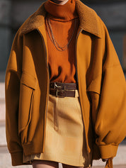 Minimalist Faux Fur Paneled Oversized Balloon Sleeve Jacket