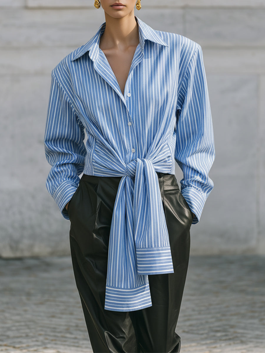 Uniquely Designed Deconstructed Pinstripe Long Sleeve Blouse