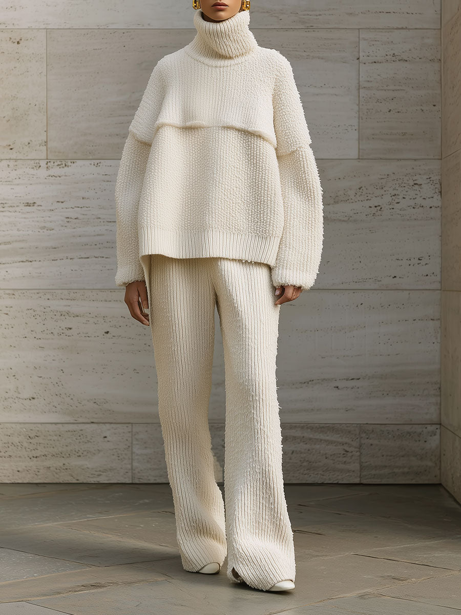 Chic Turtleneck Knitted Off-shoulder Sweater & Micro-flared Trousers Set
