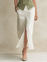 Safari Chic Olive Linen Vest & White Slit Maxi Skirt Set