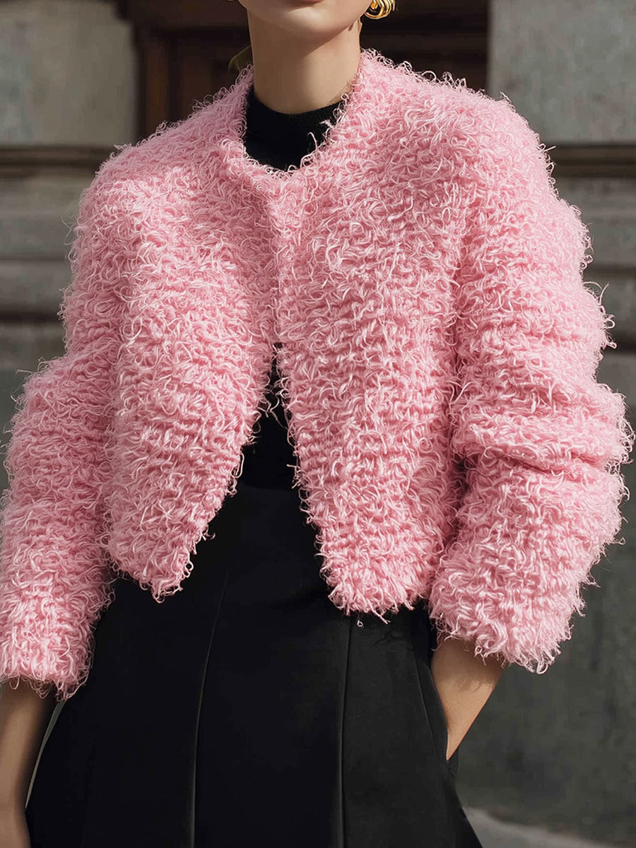 90s Minimalism Revival Round Neck Short Eco-friendly Teddy Curly Jacket