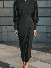 Minimalist Structured Black Draped Midi Dress