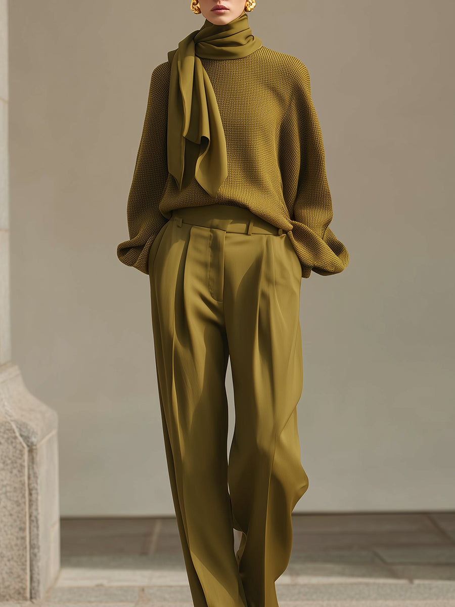 Stylish Waffle Scarf Collar Top & Satin Pleated Straight Pants Set
