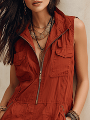 Casual Cotton Zip-Up Slim-Fit Burnt Terracotta Utility Mini Dress