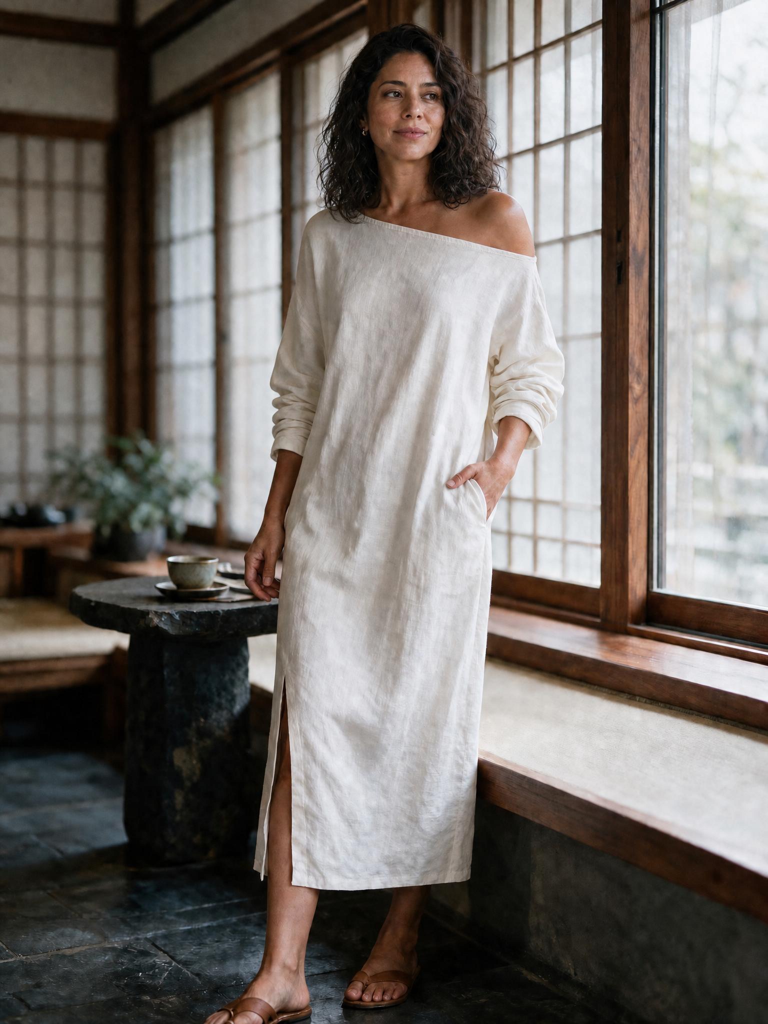 Loose-fitting One Shoulder Split Hem Cotton Linen Midi Dress