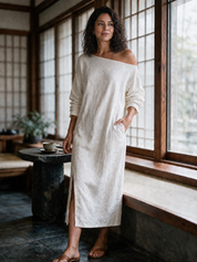 Loose-fitting One Shoulder Split Hem Cotton Linen Midi Dress