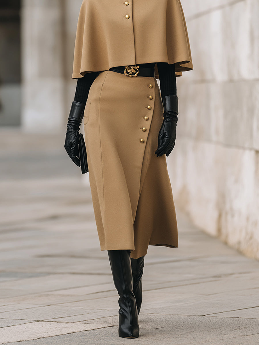 Old Money Oversized Camel Cape Cocoon Wool Set With Statement Belt
