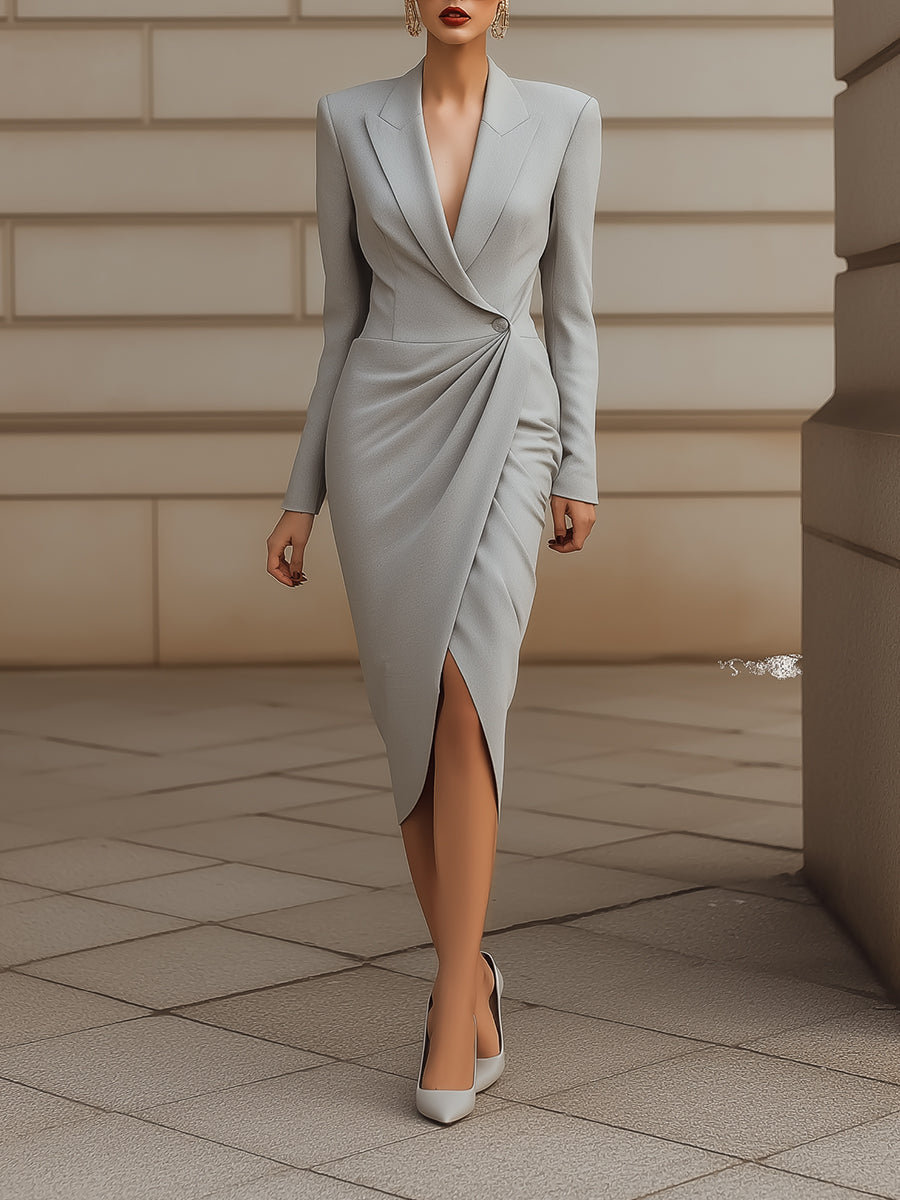 Minimalist Sophisticated Ivory Wool Blazer Midi Dress