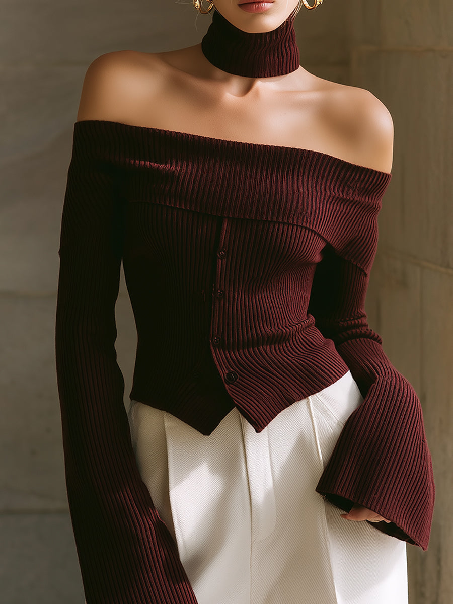 Chic One Shoulder Single Breasted Knitted Slim Fit Sweater With Scarf