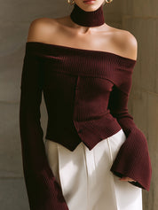 Chic One Shoulder Single Breasted Knitted Slim Fit Sweater With Scarf