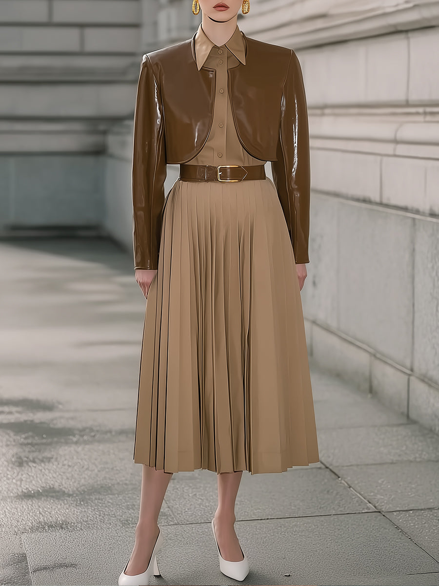Minimalist Retro Eco-friendly Leather Jacket And Mid-Length Skirt Set With Belt
