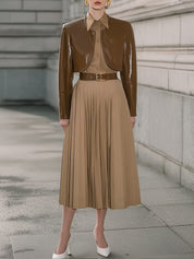 Minimalist Retro Eco-friendly Leather Jacket And Mid-Length Skirt Set With Belt