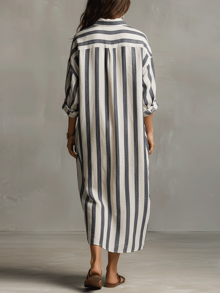 Casual Striped Shirt Bohemian Style Maxi Dress