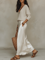 Effortless Ivory Knit & Satin Midi Ensemble