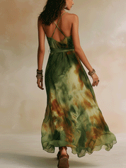 Chic Green Abstract Lightweight Silk-Like Feminine Silhouette Maxi Dress