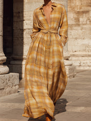 Retro Bohemian Fine Plaid Cotton Mixed Print Maxi Dress With Belt