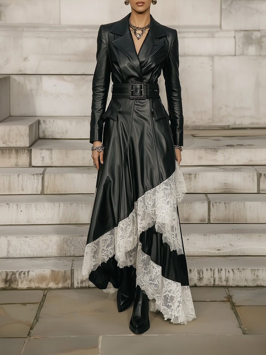Heritage Noir Elegance Eco-friendly Leather-Lace Maxi Dress