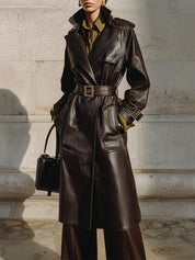 Old Money Environmentally Friendly Leather Belt Lapel Mid-length Windbreaker Coat