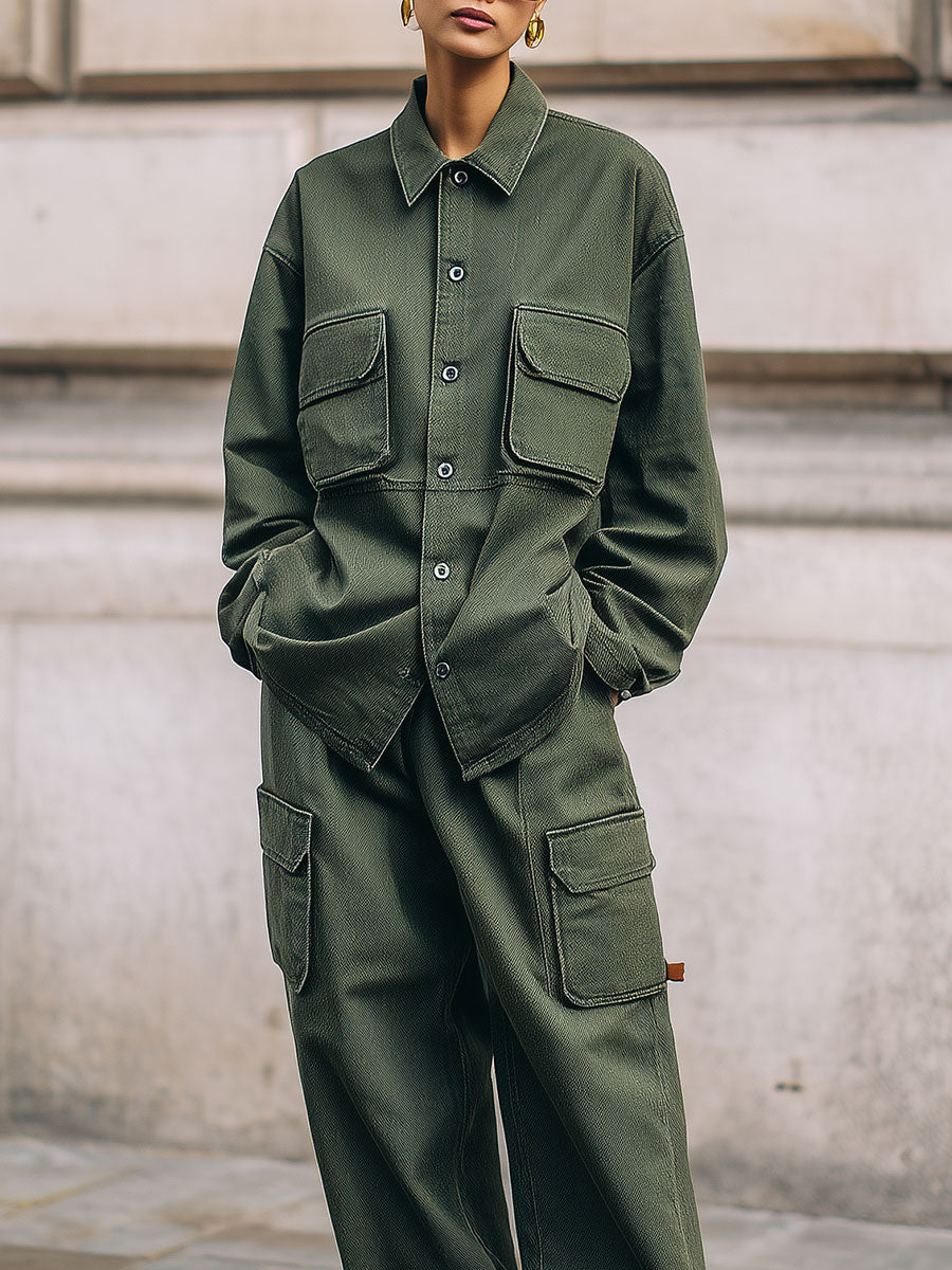 Stylish Washed Denim Flap Cargo Pocket Jacket & Jeans Set