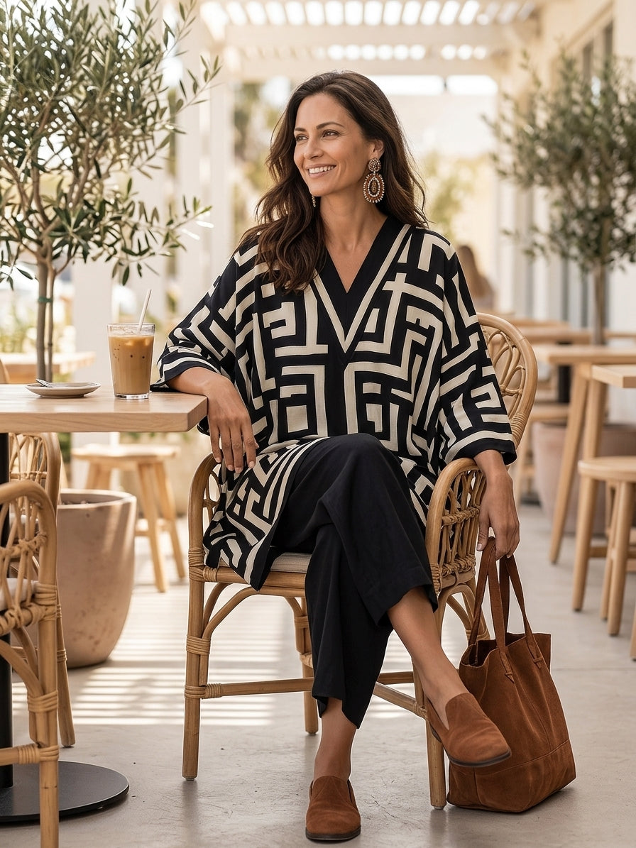 Artisan Cotton Blend Oversized-Fit Monochrome Pattern Poncho Blouse And Pant Set