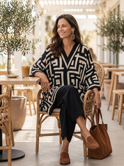 Artisan Cotton Blend Oversized-Fit Monochrome Pattern Poncho Blouse And Pant Set