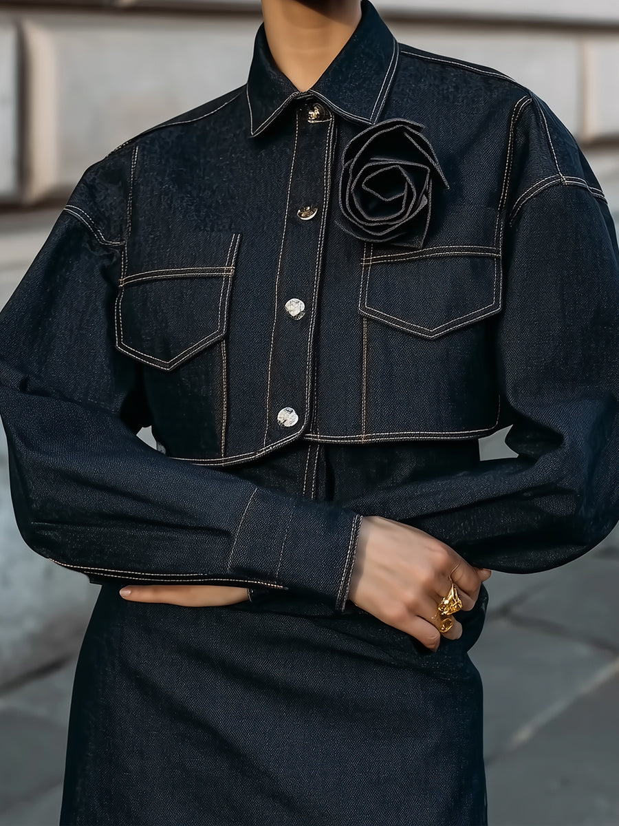 Vintage Denim Cropped Jacket With Oversized Rose Appliqué