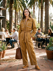 Effortless Cotton Canvas Oversized-Fit Caramel Cargo Jumpsuit